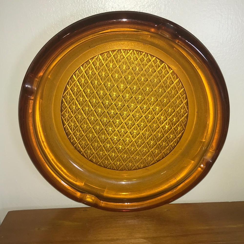 Vintage MCM large gold amber waffle design ashtray